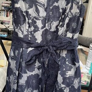 Chetta B Navy and White Strapless Floral Tie-Waist Dress